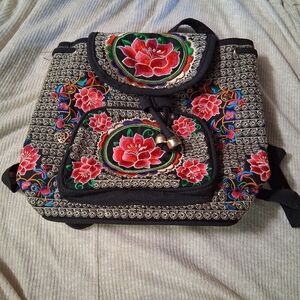 Floral Embroidered Backpack - Black and Red